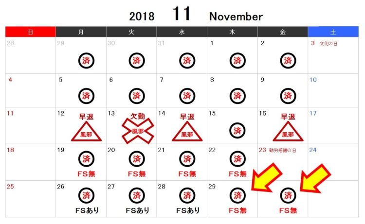 勤務カレンダー／11月後半は週5日勤務ができた