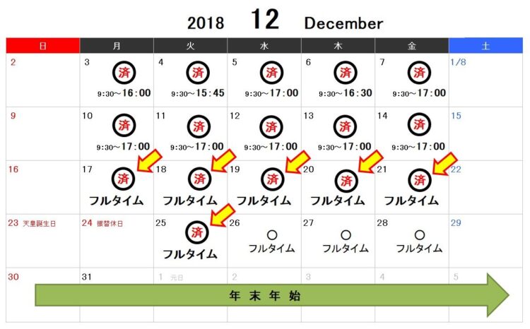 勤務カレンダー／12月17日～21日までフルタイム勤務ができた