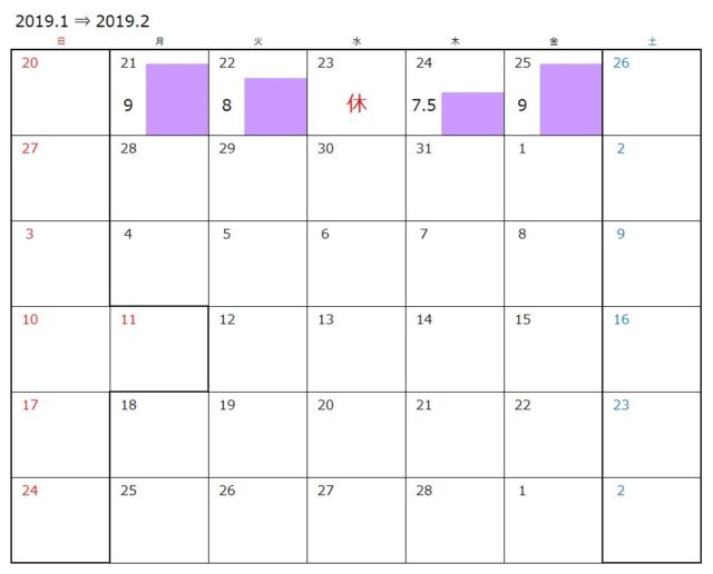 勤務カレンダー／1月20日～25日まで